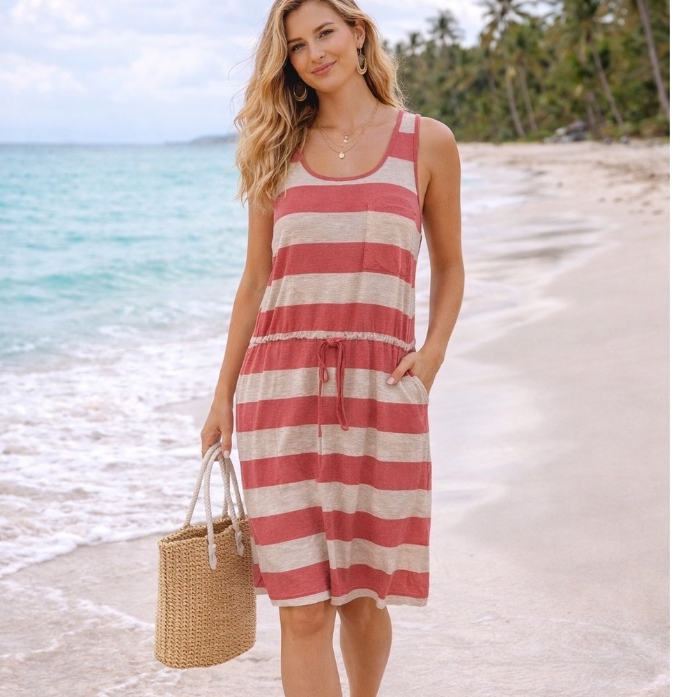 Olive & Oak Coral Striped Sleeveless Drawstring Waist Tank Dress Beachwear Small